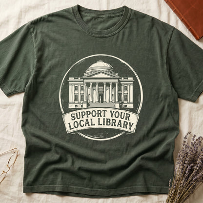 Green tee with circular cream badge of a classical library building, "SUPPORT YOUR LOCAL LIBRARY" on a banner below.