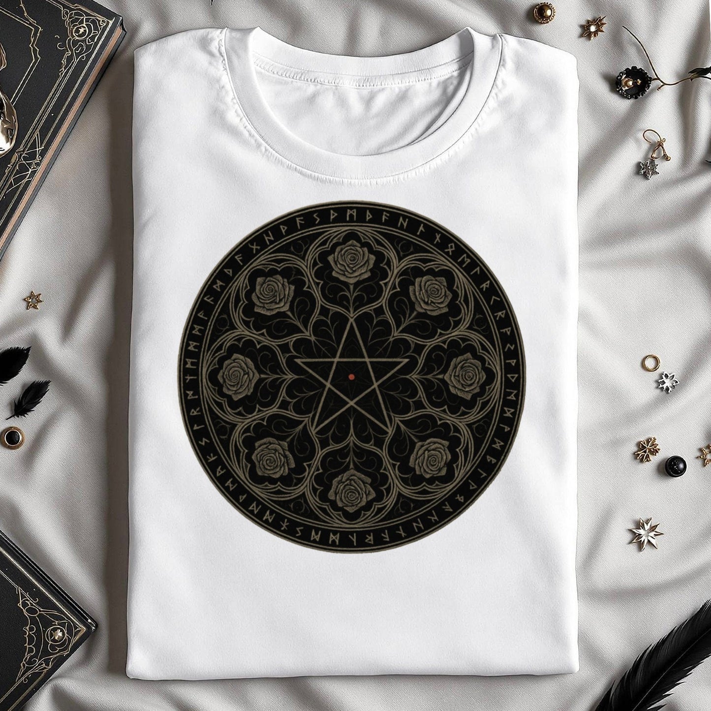 Intricate Runic Rose Circle Design White Shirt product