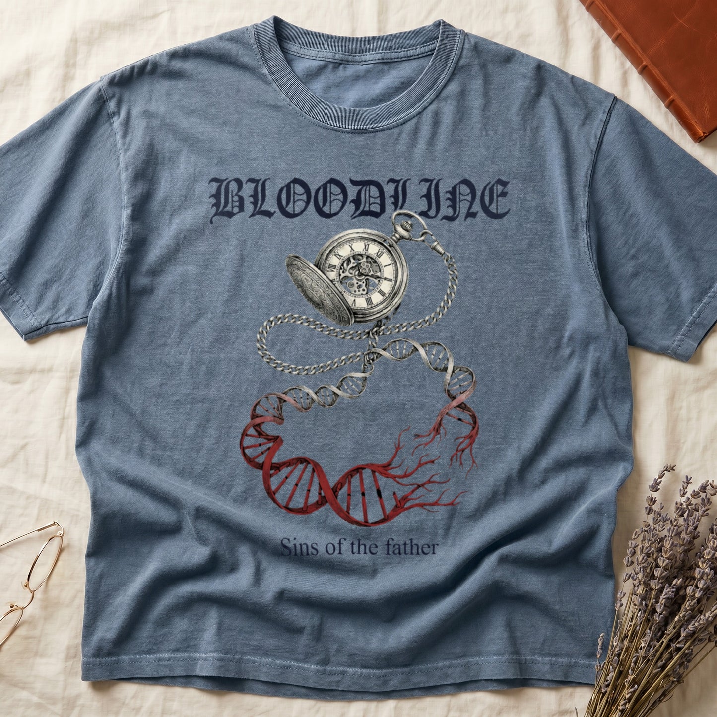Blue Jean tee with antique pocket watch chain becoming DNA helix with red roots, "BLOODLINE" top, "Sins of the father" below.