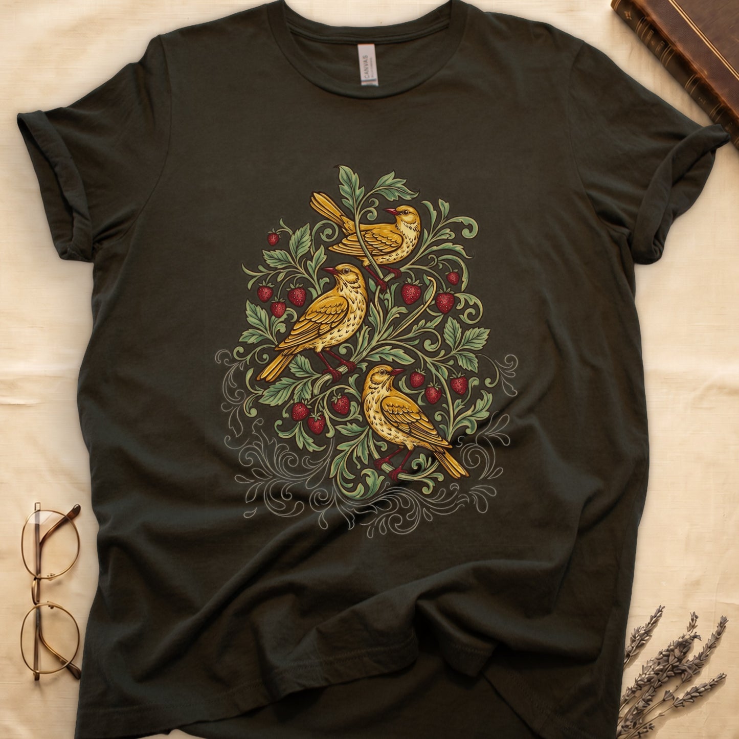 Military Green tee with three yellow songbirds perched among strawberry vines and green leaves, William Morris pattern style.