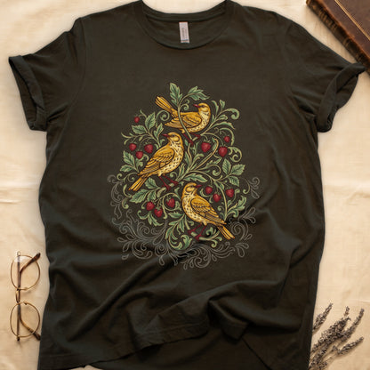 Military Green tee with three yellow songbirds perched among strawberry vines and green leaves, William Morris pattern style.