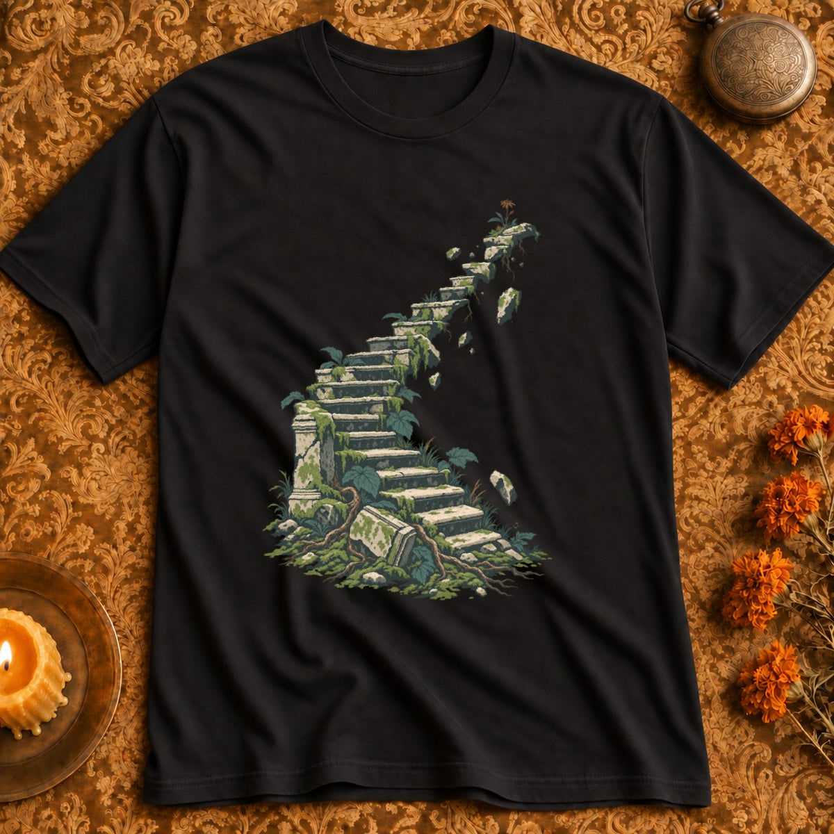 Black t-shirt with a decaying stone staircase design overgrown with plants.