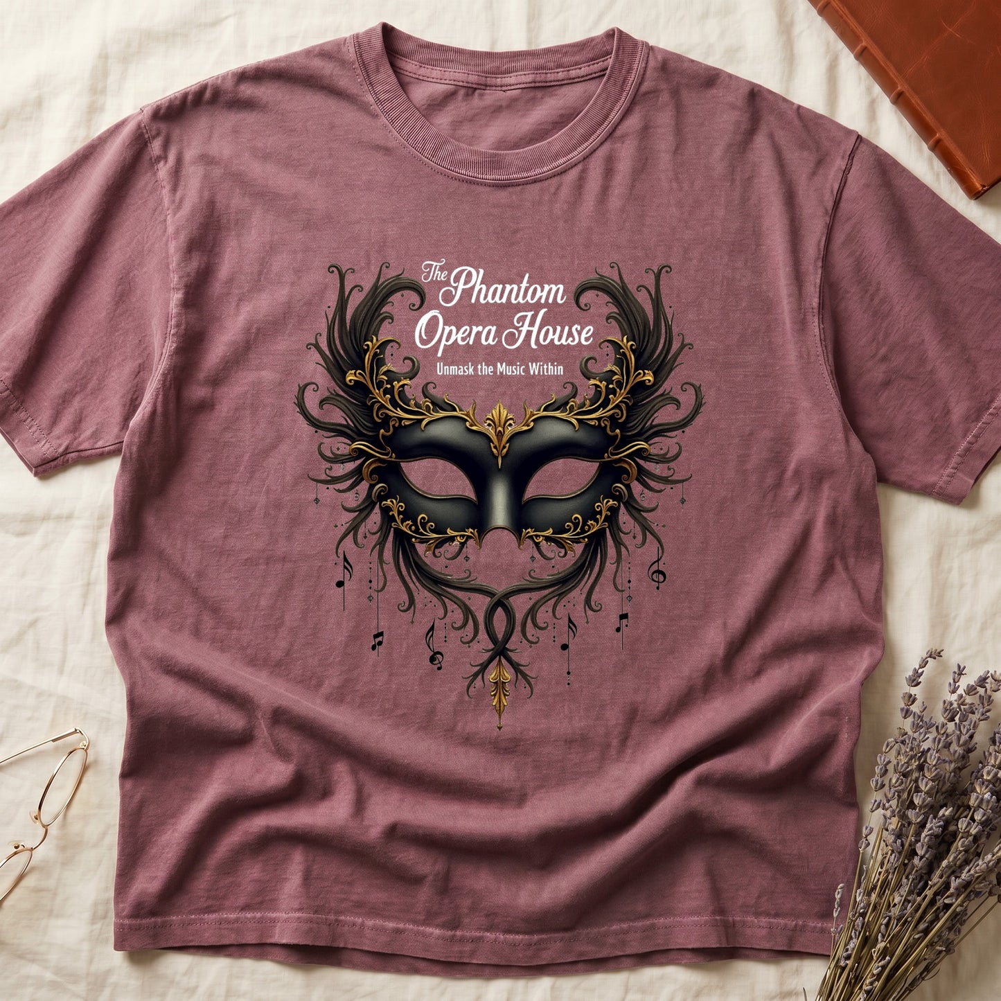 Dark Rose tee with gold-and-black masquerade mask, scrollwork wings, "The Phantom Opera House," "Unmask the Music Within."