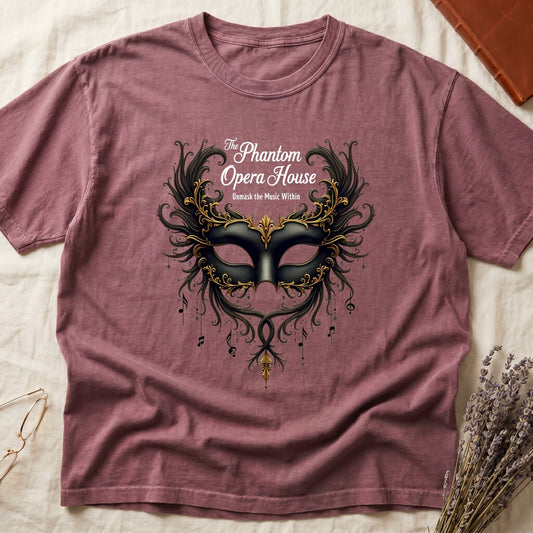 Dark Rose tee with gold-and-black masquerade mask, scrollwork wings, "The Phantom Opera House," "Unmask the Music Within."