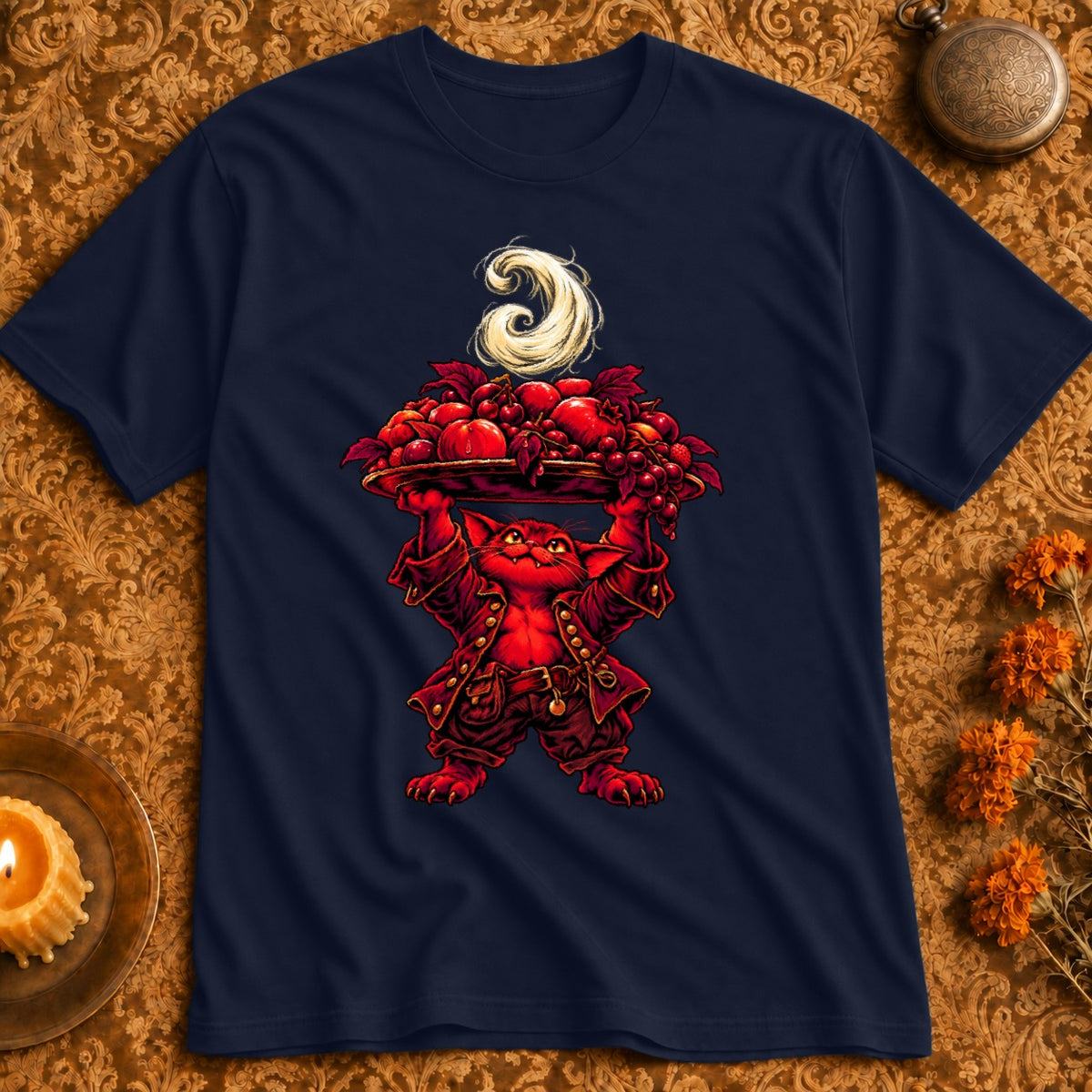 Red creature in historical clothing holds tray of fruit with ornate moon above.
