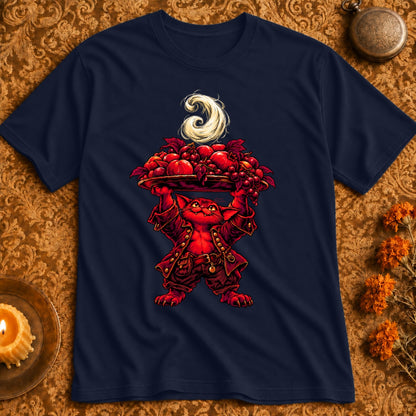 Red creature in historical clothing holds tray of fruit with ornate moon above.
