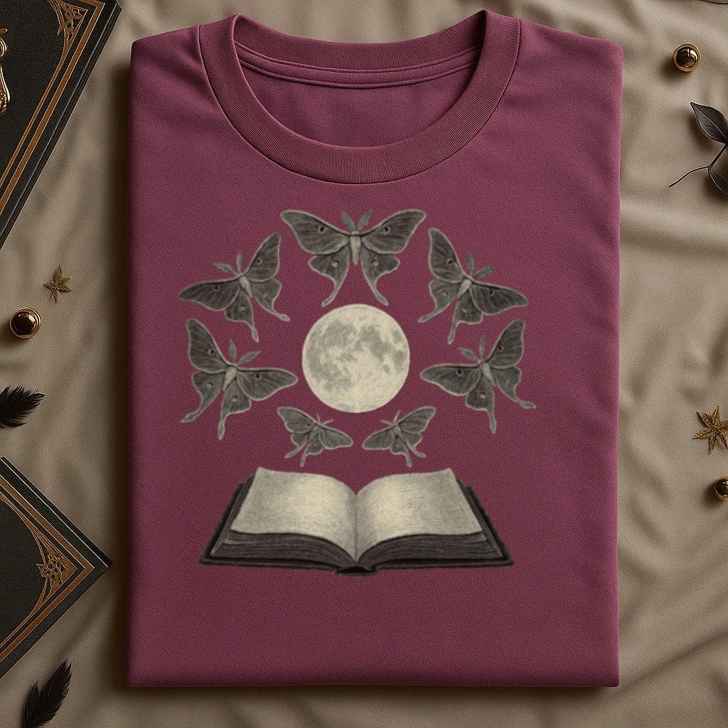 Moth Moon and Open Book Design Graphic T-Shirt product type
