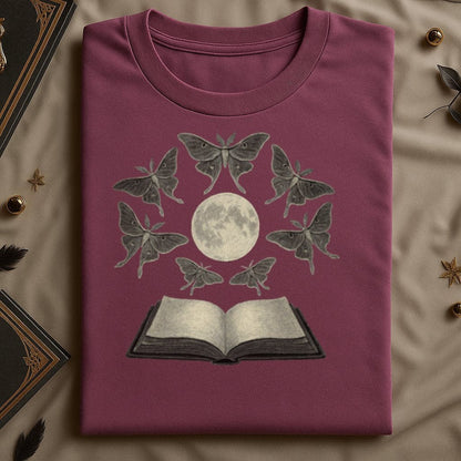 Moth Moon and Open Book Design Graphic T-Shirt product type