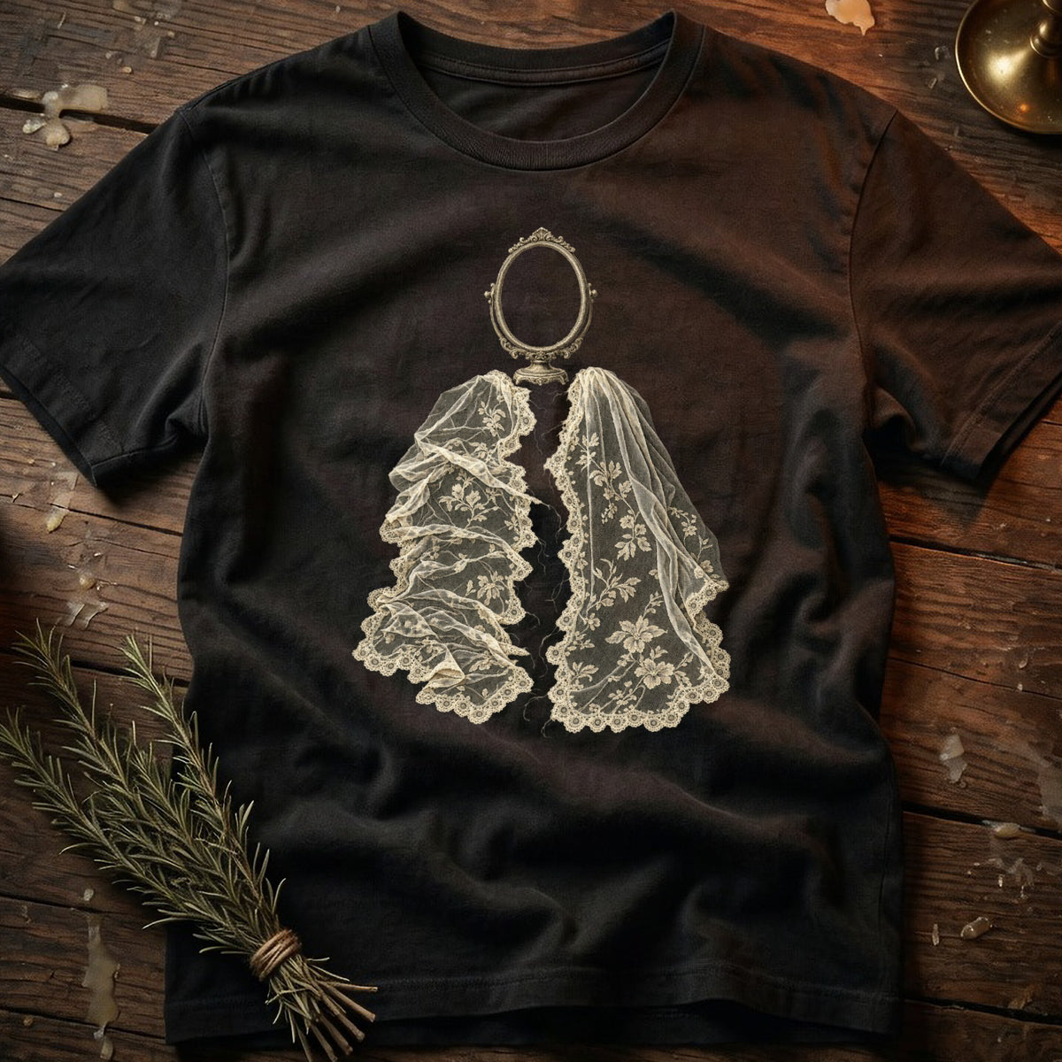 Black t-shirt with vintage ornate mirror and lace veil graphic on the front.