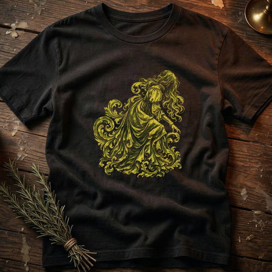Black t-shirt with vintage yellow graphic of a woman adorned in ornate swirls.