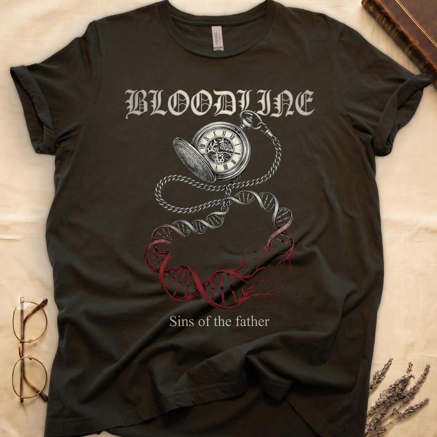 Military Green tee with antique pocket watch chain becoming DNA helix with red roots, "BLOODLINE" top, "Sins of the father" below.
