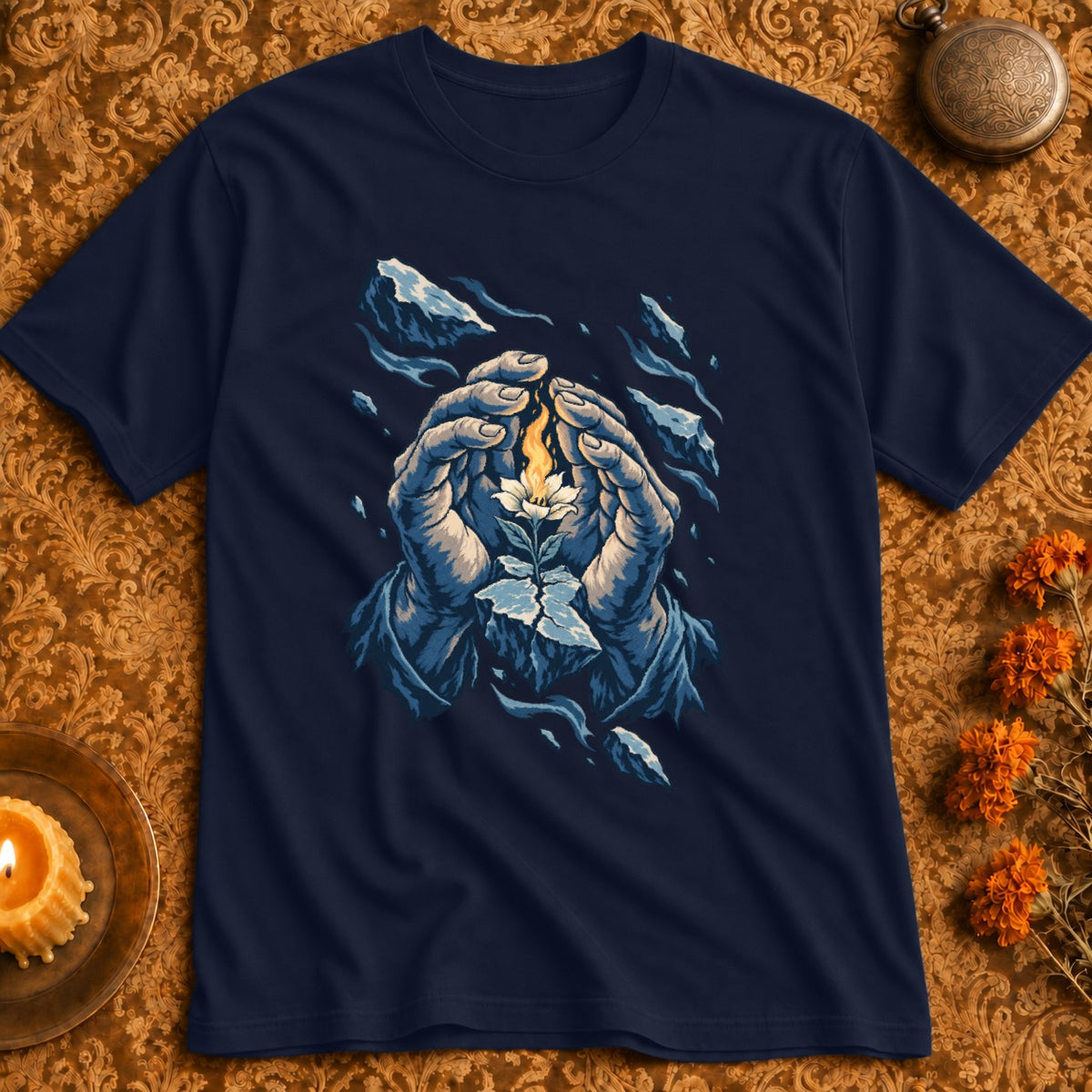 T-shirt with illustration of hands protecting a glowing flower amidst ice shards.