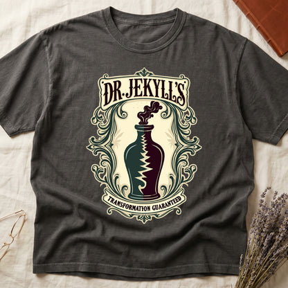 Pepper tee with apothecary label, green elixir bottle, lightning bolt, smoke, "DR. JEKYLL'S," "TRANSFORMATION GUARANTEED."