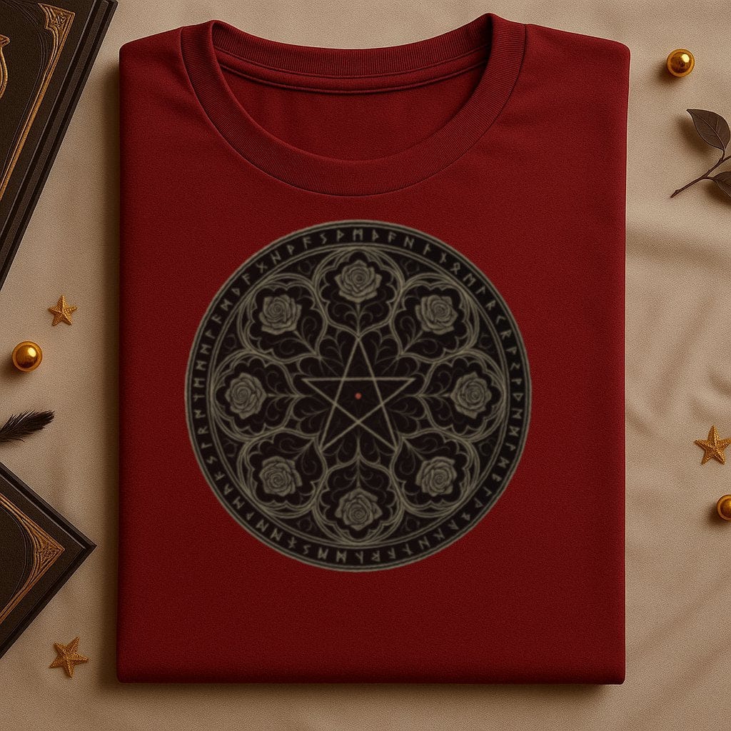 Intricate Runic Rose Pattern on Maroon Shirt product