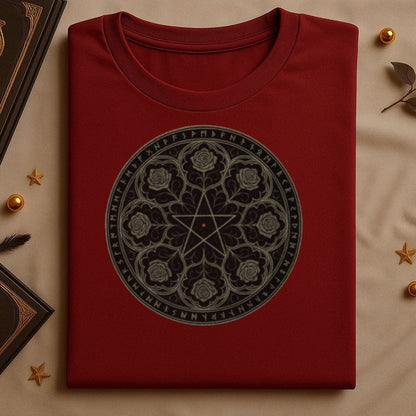 Intricate Runic Rose Pattern on Maroon Shirt product