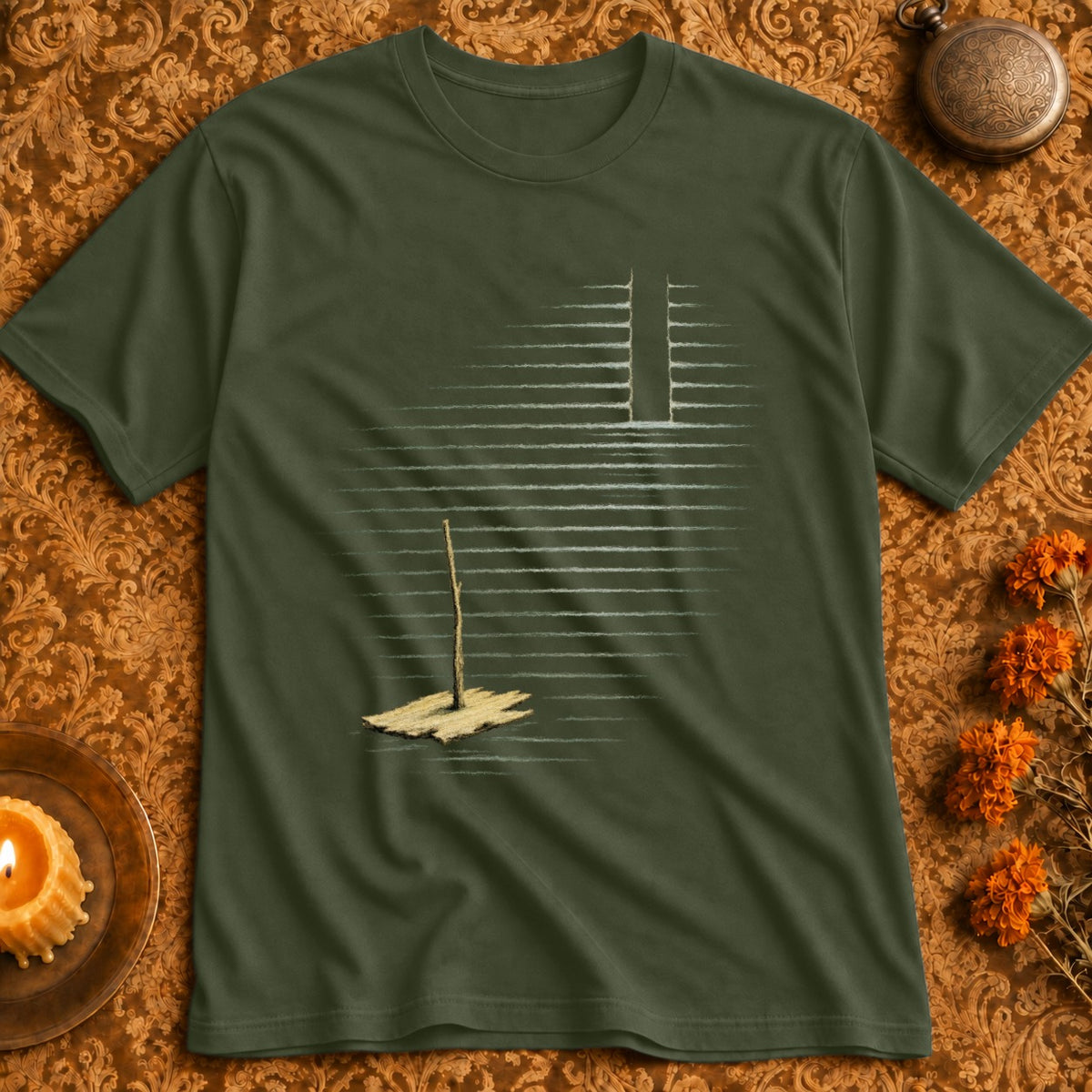 Olive green t-shirt with a graphic of a stick in sand with horizontal lines and a vertical rectangle.