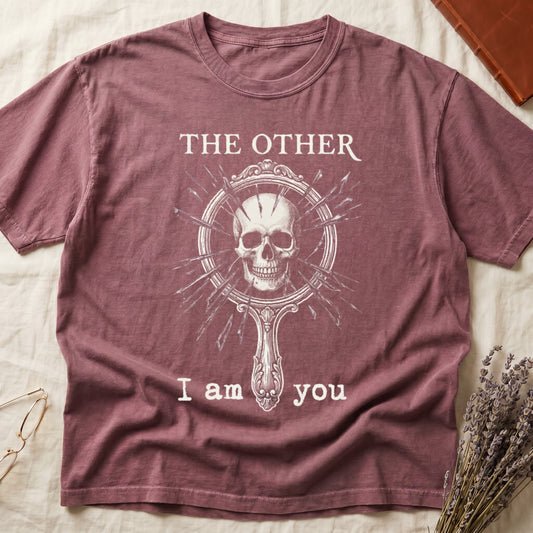 Dark Rose tee with shattered mirror and skull emerging in cream linework, "THE OTHER" top, "I am you" below.