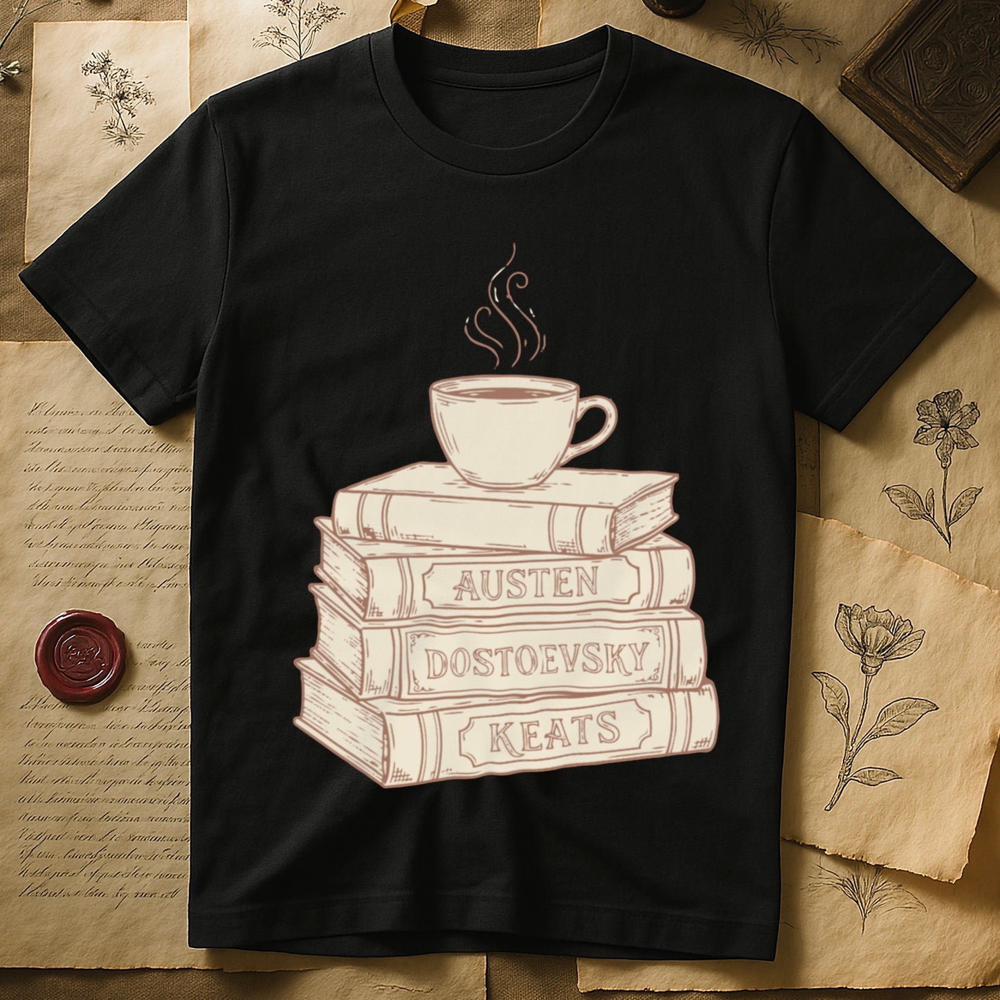 Black tee with stack of vintage books labeled "AUSTEN," "DOSTOEVSKY," "KEATS" topped with a steaming coffee cup.