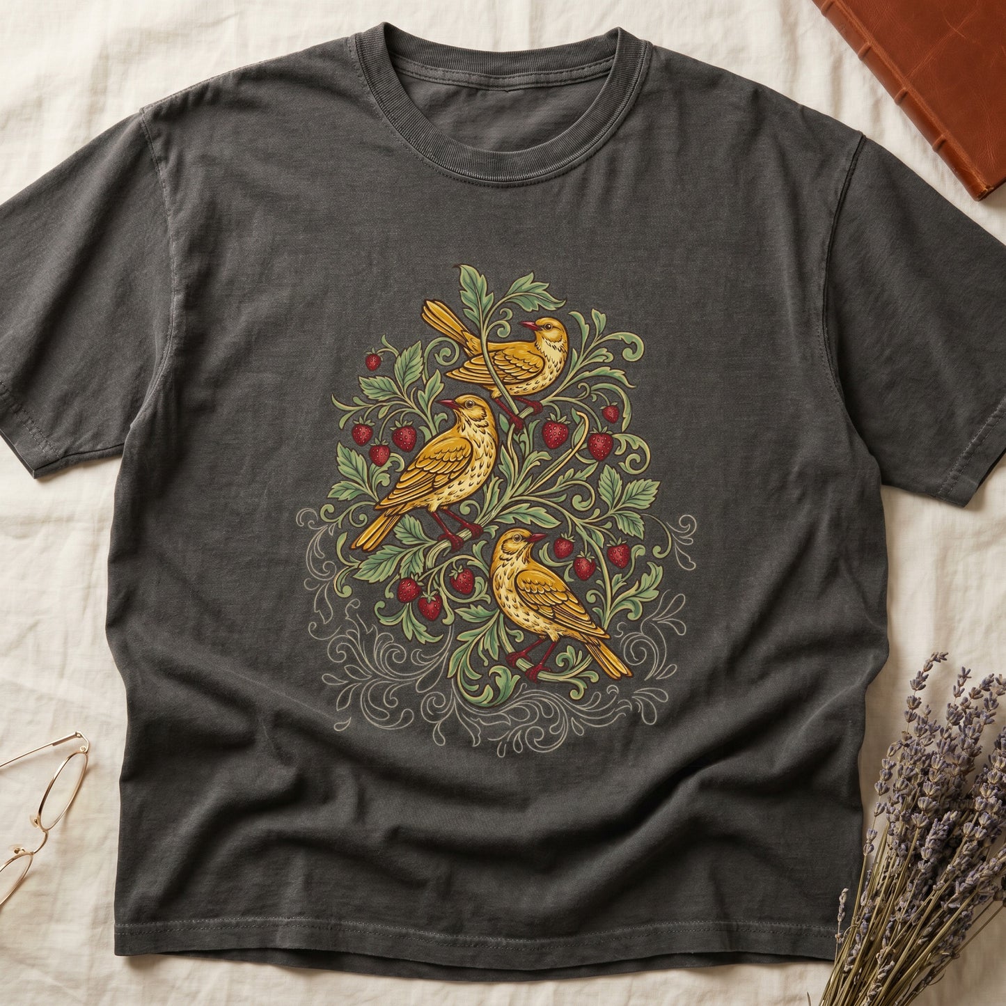 Pepper tee with three yellow songbirds perched among strawberry vines and green leaves, William Morris pattern style.