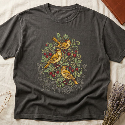 Pepper tee with three yellow songbirds perched among strawberry vines and green leaves, William Morris pattern style.
