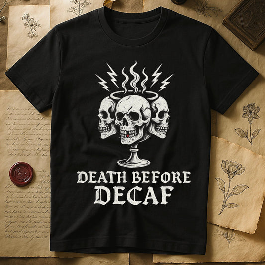 Death Before Decaf Skull Graphic T-Shirt product type