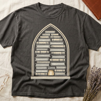 Pepper tee with gothic arch frame, columns of leather-bound books inside, sunburst medallion at base, cream engraved linework.