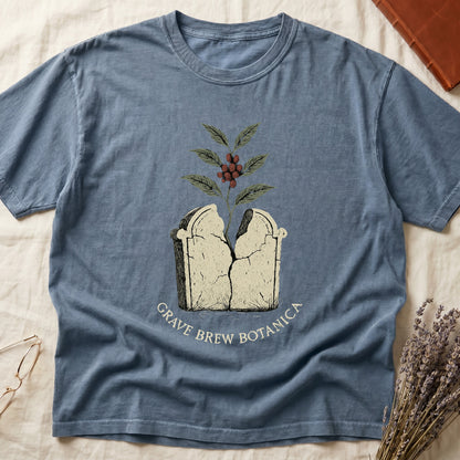 Blue t-shirt with "Grave Brew Botanica" text and cracked tombstone graphic.