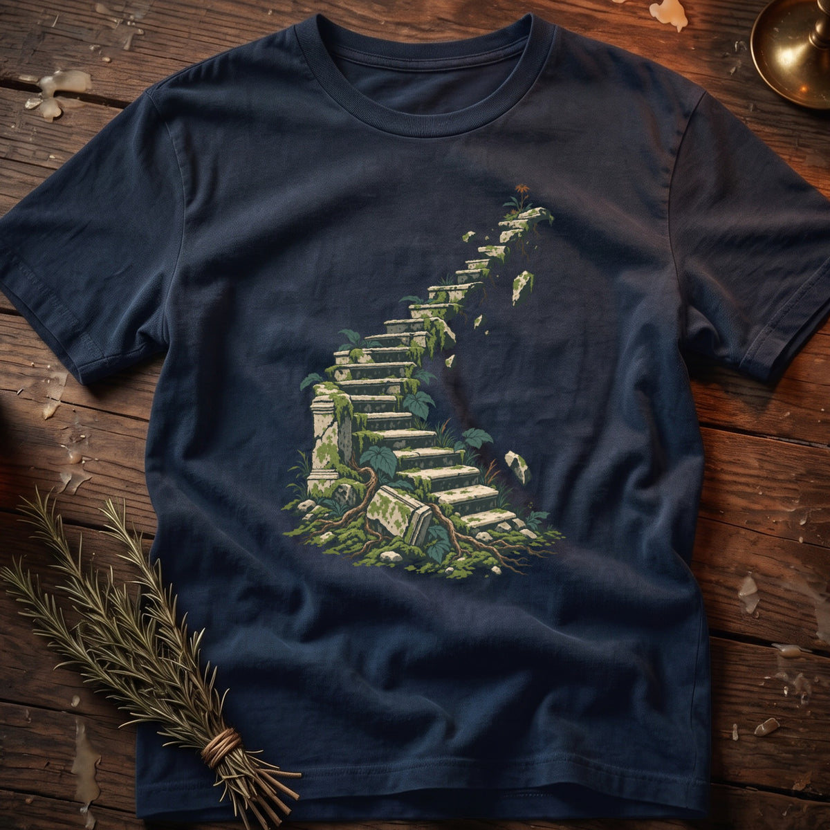 Dark blue t-shirt with a graphic of mossy, overgrown stone stairs winding upwards.