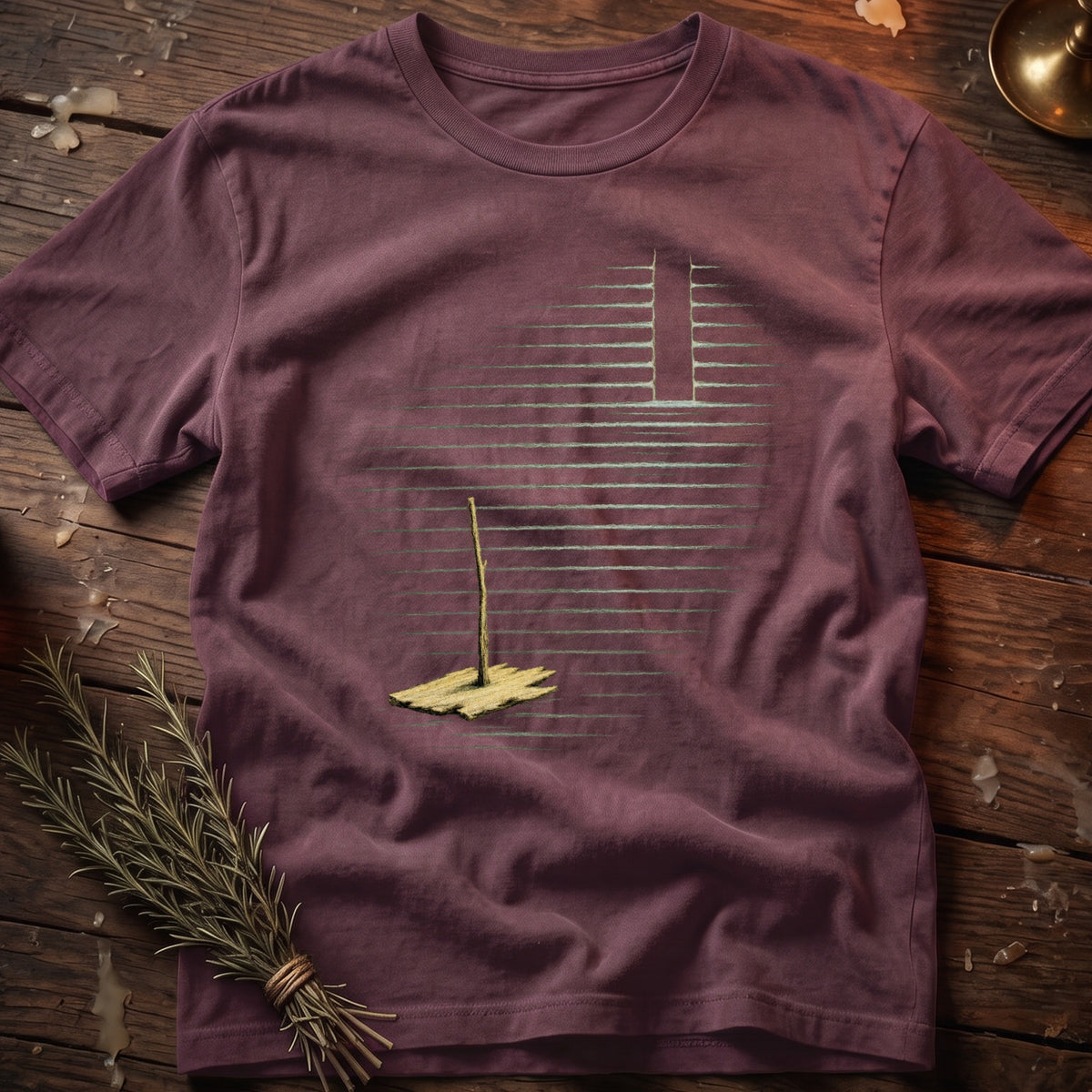 Purple t-shirt with a minimalist graphic of a thin pole on a wooden platform.