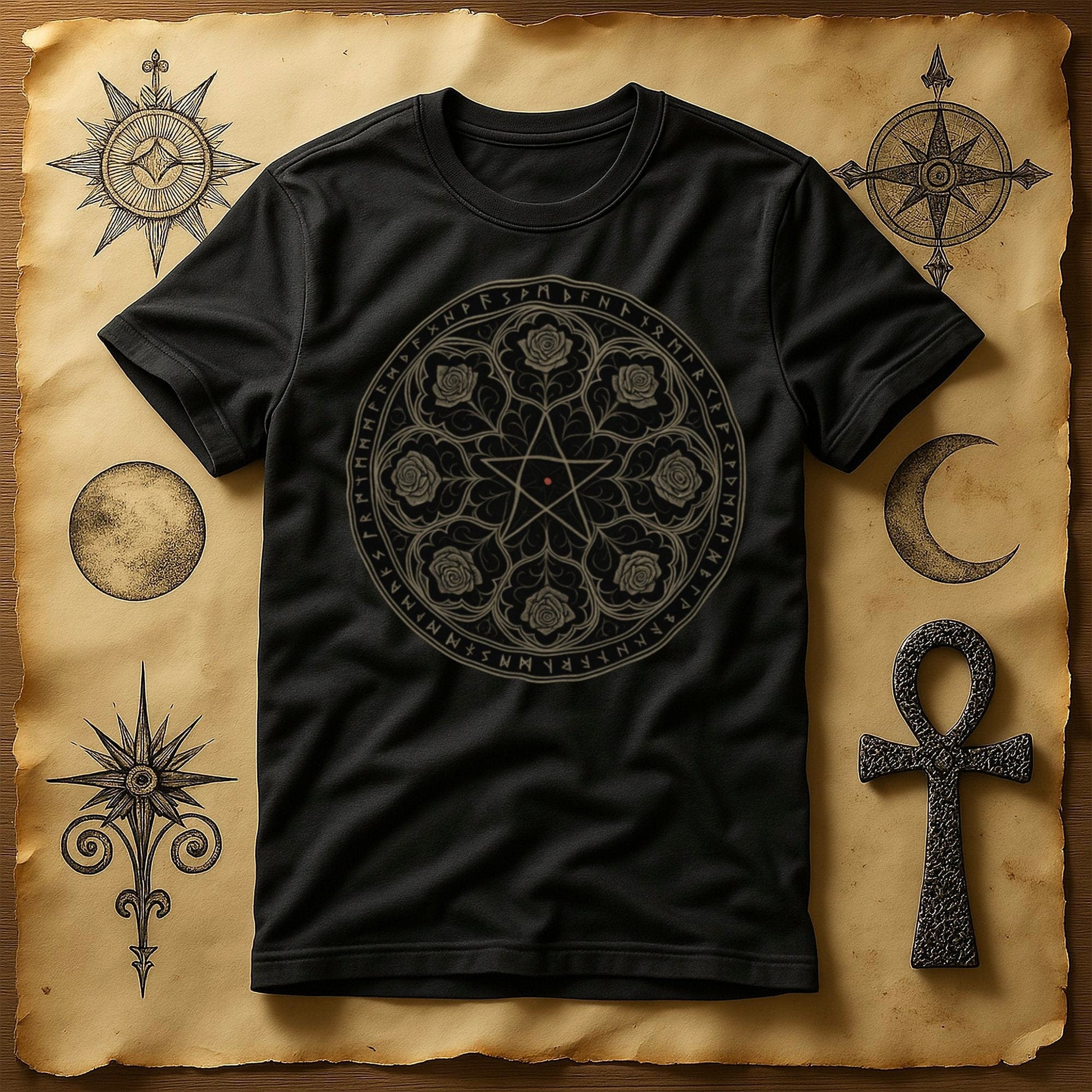 Mystical Symbols and Roses Design T-shirt product