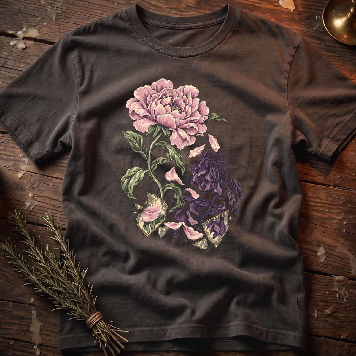 Dark grey t-shirt with a pink peony and wilting purple flowers graphic.