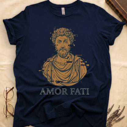 Navy tee with bearded Stoic bust portrait in copper and slate, "AMOR FATI" in distressed serif capitals below.