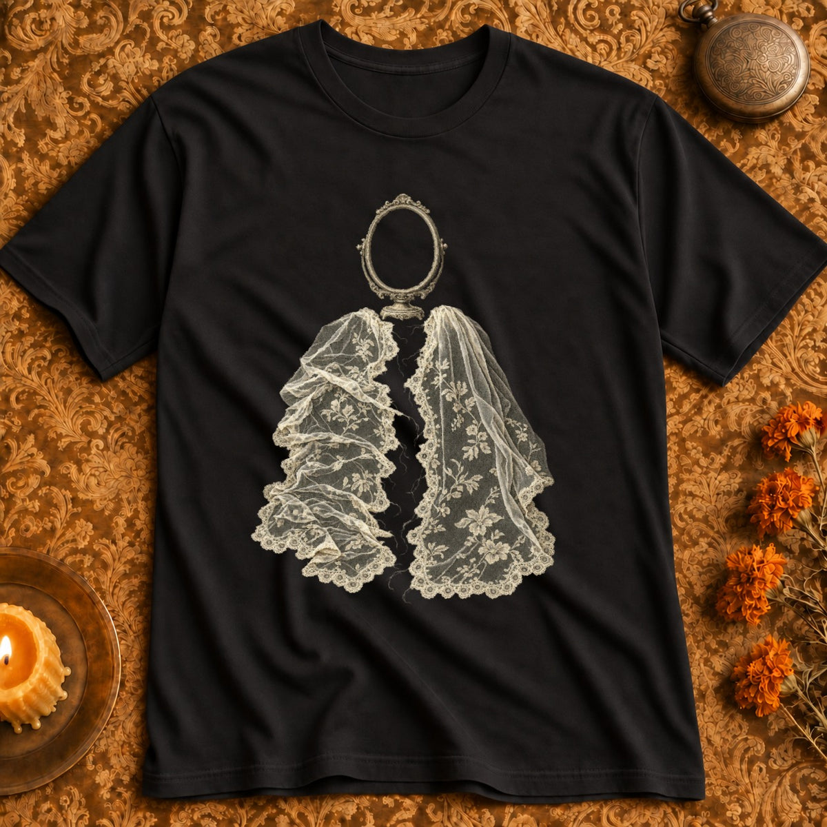 Black t-shirt with an oval mirror and lace detailing on the front.