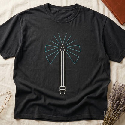 Black tee with single vertical graphite pencil in cream linework, fan of teal and grey rays radiating behind.