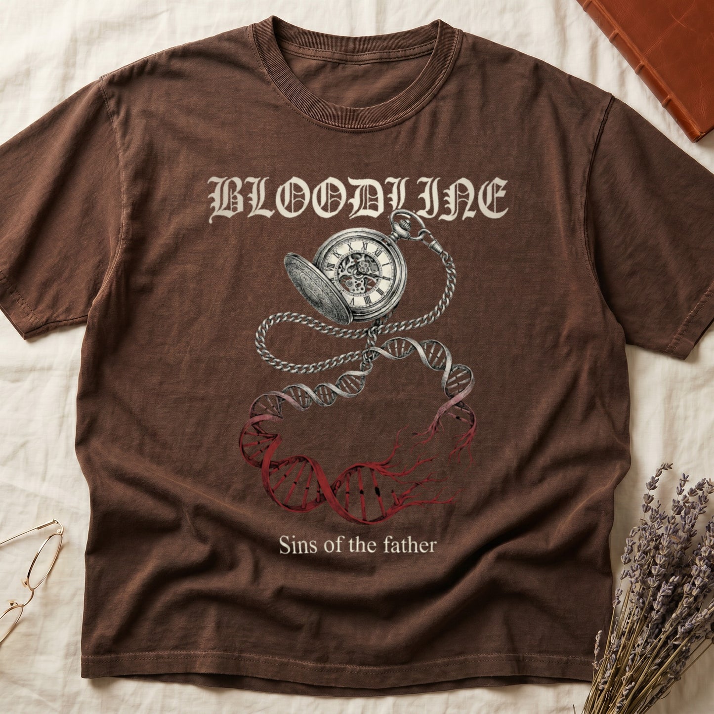 Espresso tee with antique pocket watch chain becoming DNA helix with red roots, "BLOODLINE" top, "Sins of the father" below.