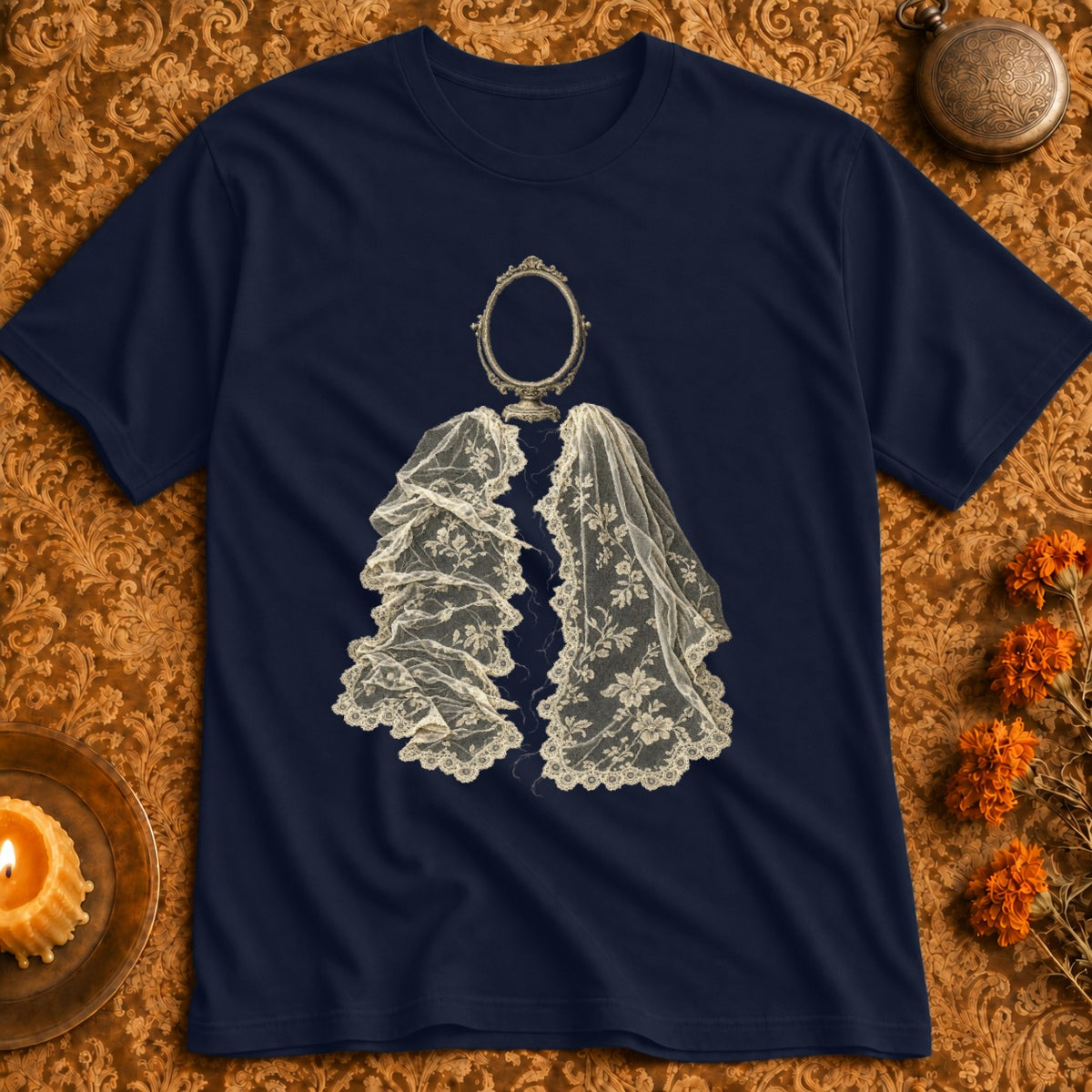 Navy t-shirt with an oval mirror and lace overlay graphic.