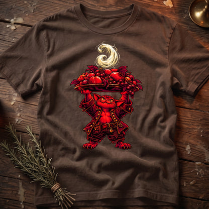 Brown t-shirt with a red cat character holding a tray of fruit and a swirl symbol.