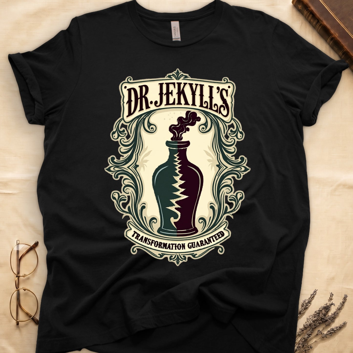 Black tee with apothecary label, green elixir bottle, lightning bolt, smoke, "DR. JEKYLL'S," "TRANSFORMATION GUARANTEED."