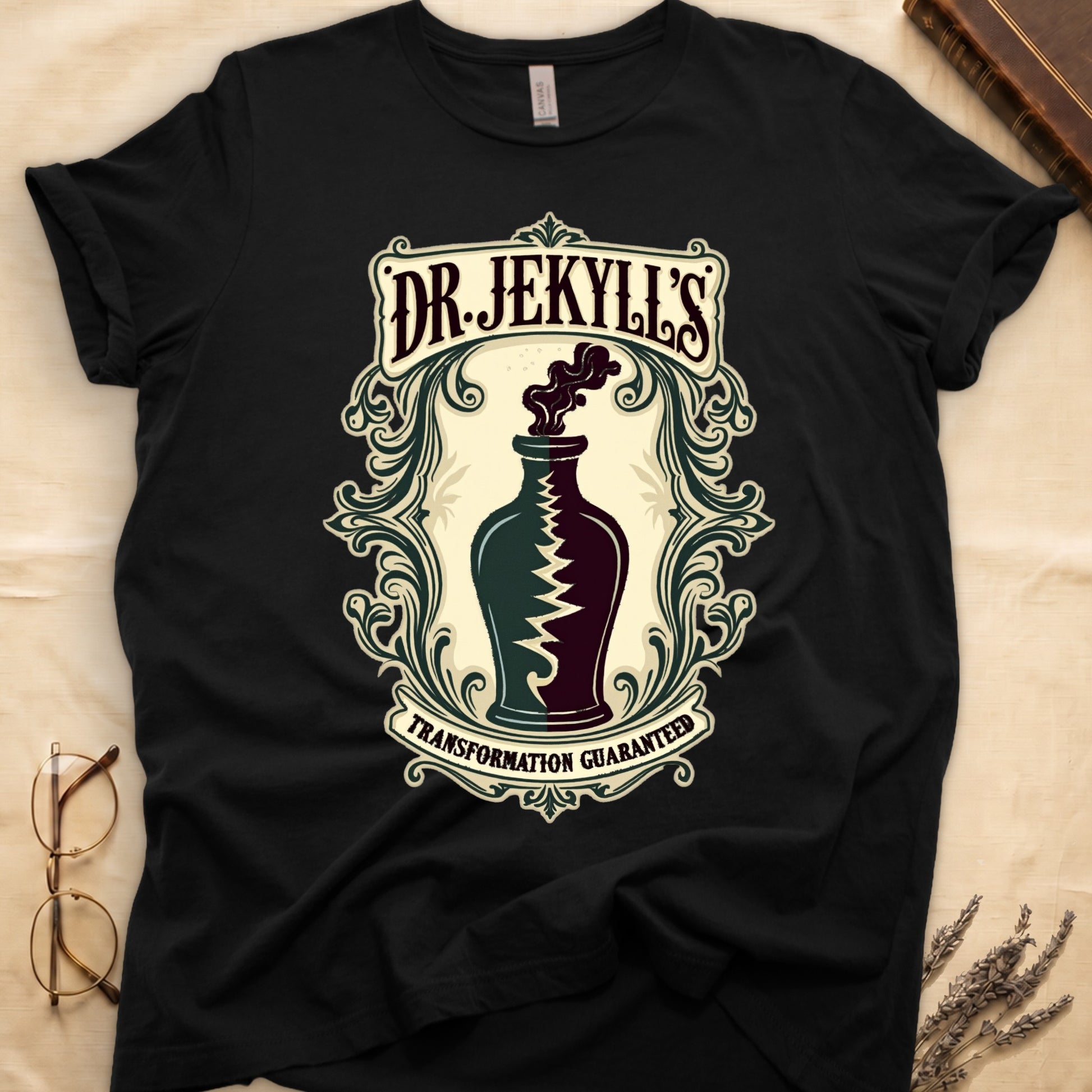 Black tee with apothecary label, green elixir bottle, lightning bolt, smoke, "DR. JEKYLL'S," "TRANSFORMATION GUARANTEED."
