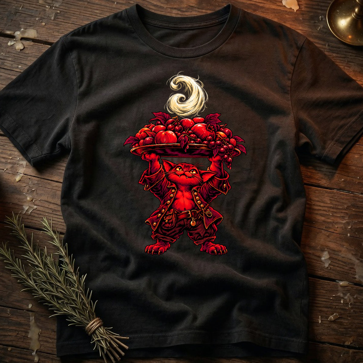 Red cat wearing a jacket holds a tray of red fruit with a swirling garnish.