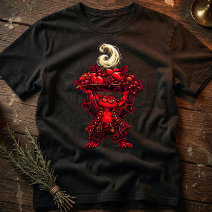 Red cat wearing a jacket holds a tray of red fruit with a swirling garnish.