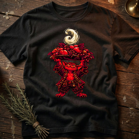 Red cat wearing a jacket holds a tray of red fruit with a swirling garnish.