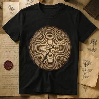 Black tee with cross-section of tree rings in warm brown, arrow pointing to center labeled "YEAR ONE" in serif type.