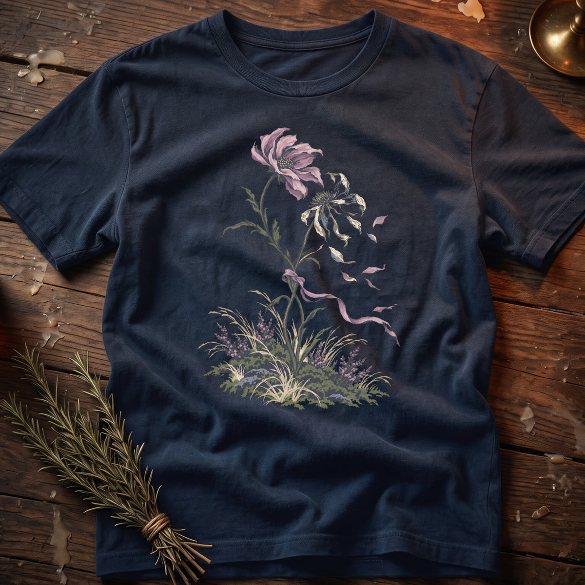 Dark blue t-shirt with a botanical illustration of wilting flowers and grasses.