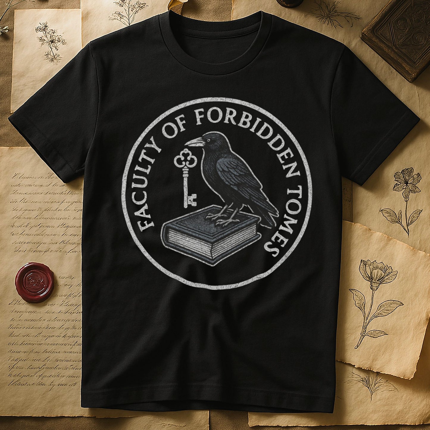 Black tee with circular badge, raven on closed book holding key, "FACULTY OF FORBIDDEN TOMES" curved around in cream.