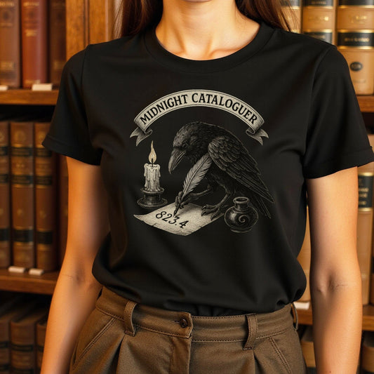 Mysterious Midnight Cataloguer Raven Themed Graphic T-shirt
