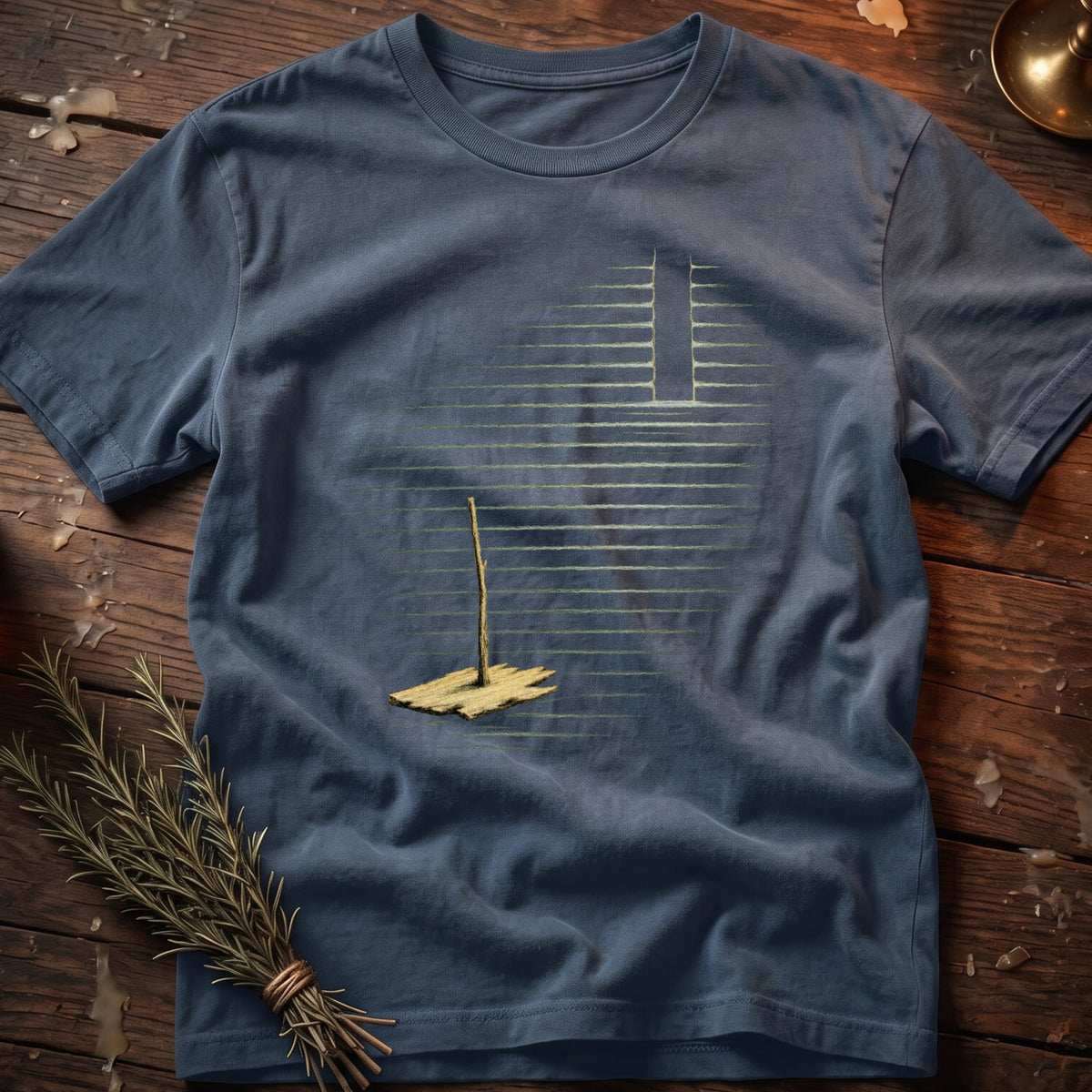 Blue t-shirt with graphic of a small wooden raft and a vertical line.