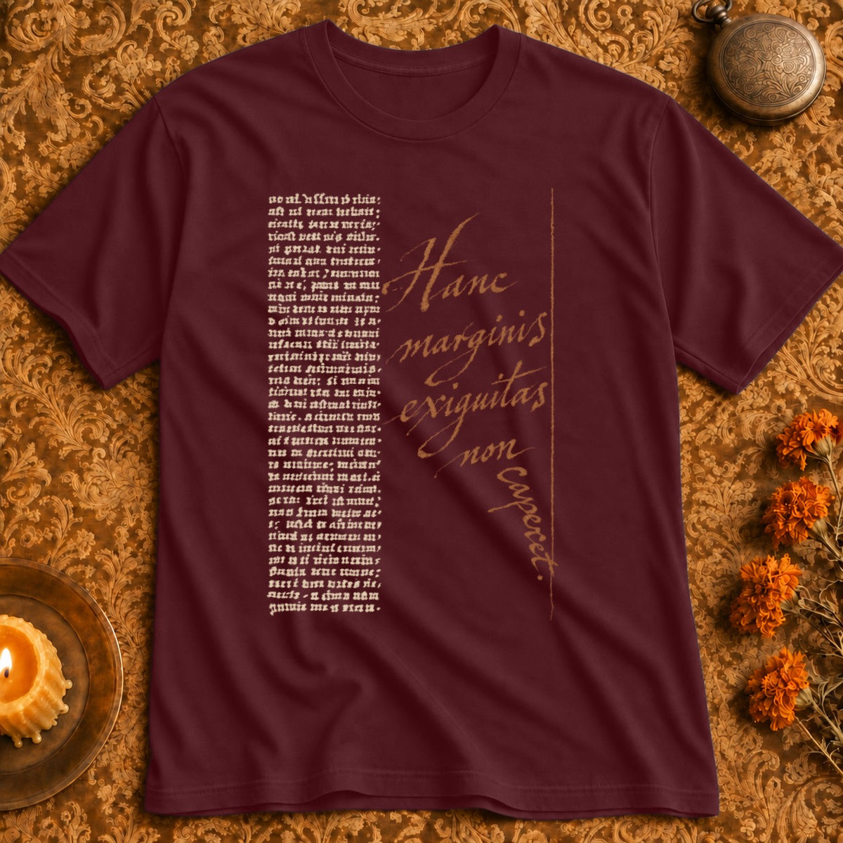 Maroon t-shirt with vintage script text "Hanc marginis exiguïtas non caperet."