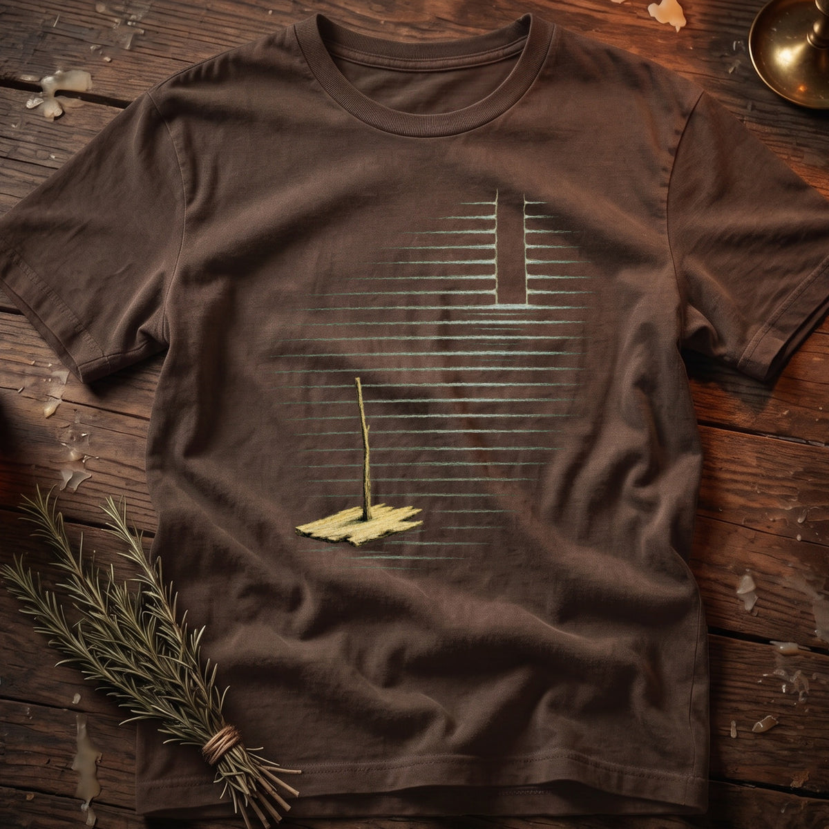 Brown t-shirt with a graphic of a wooden post and planks against a backdrop of horizontal lines.