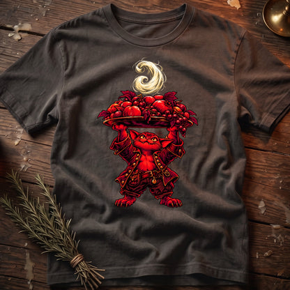 T-shirt with red cat character in costume holding a tray of fruit.